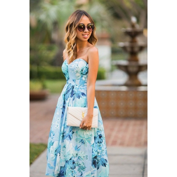 asos salon rose print bandeau midi prom dress